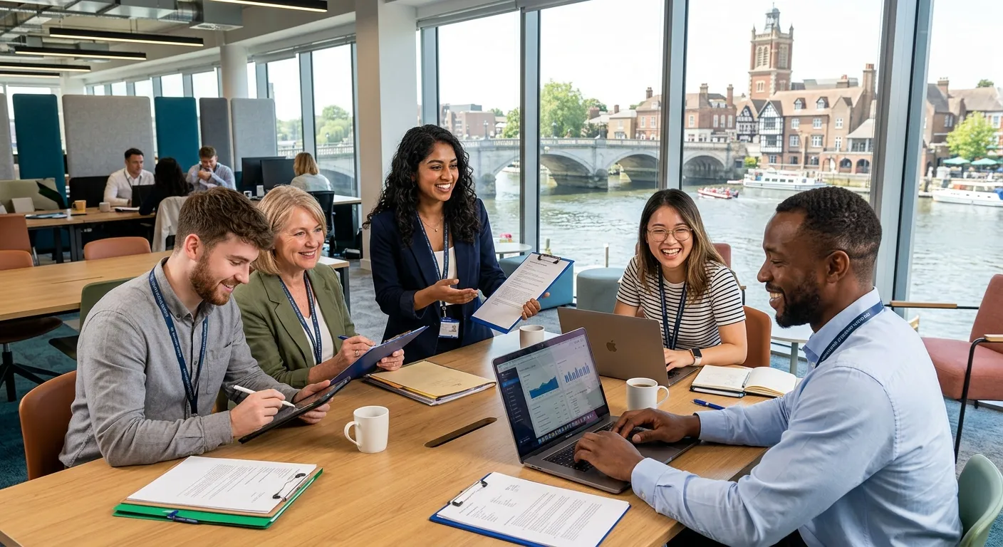 A dynamic, professional photo of diverse temporary staff working collaboratively in a modern office... A dynamic, professional photo of diverse temporary staff working collaboratively in a modern office or light-industrial setting in Kingston Upon Thames. Smiling, engaged team members in business-casual attire, with laptops and clipboards, symbolizing efficient staffing solutions. Bright, optimistic mood.