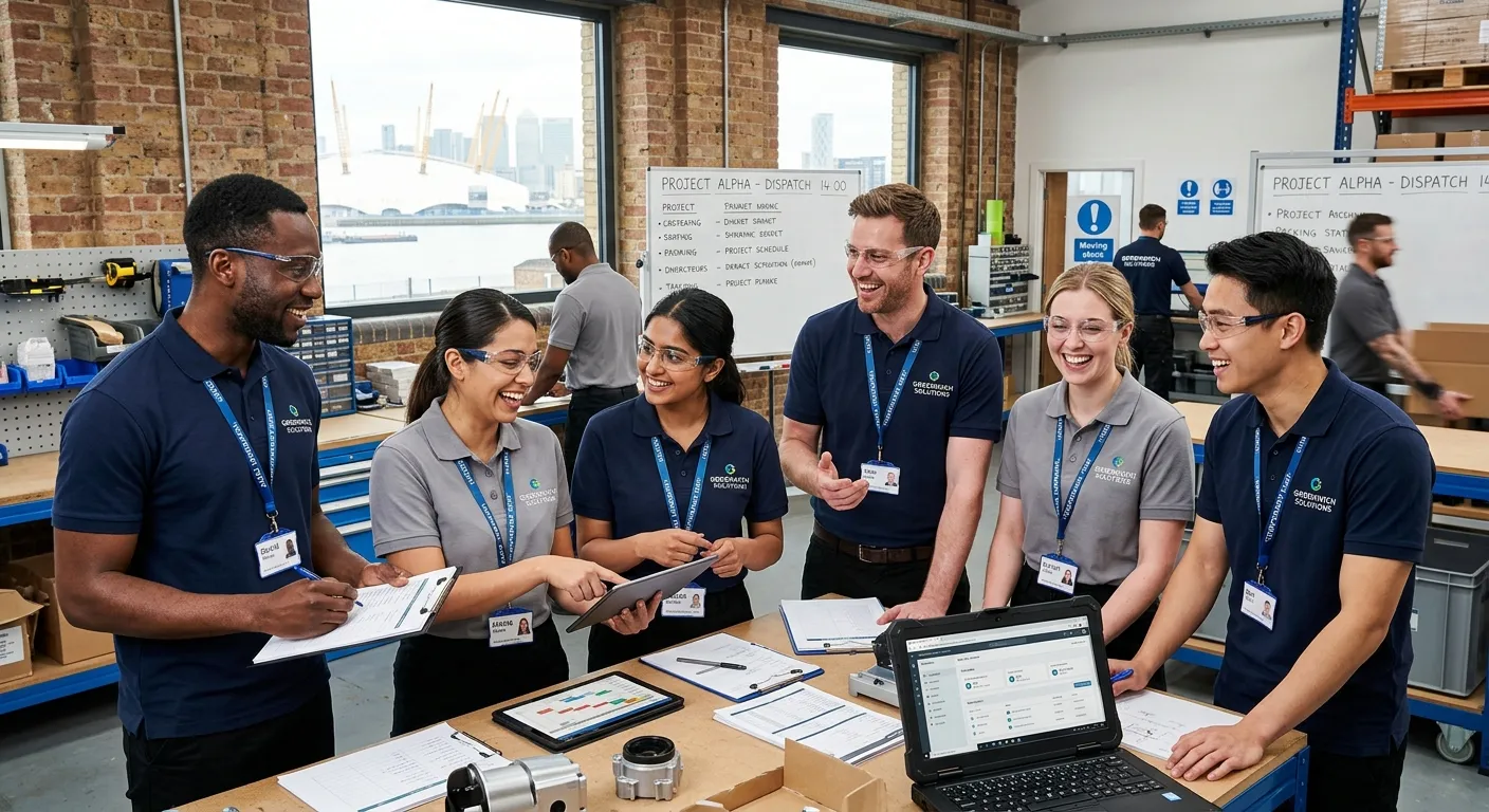 A professional, high-energy photo of a diverse team of temporary workers in a modern Greenwich office or light industrial setting, collaborating and smiling. Focus on professionalism and readiness. Style: Bright, crisp, and inspiring.