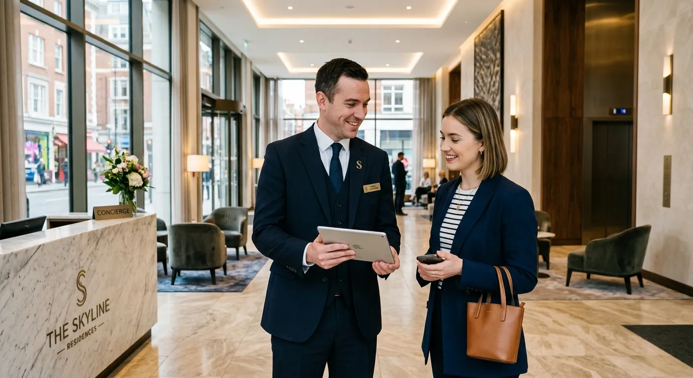 A professional, friendly concierge in a smart uniform standing in the elegant, well-lit lobby of a modern London apartment building, holding a tablet and smiling while assisting a resident.
