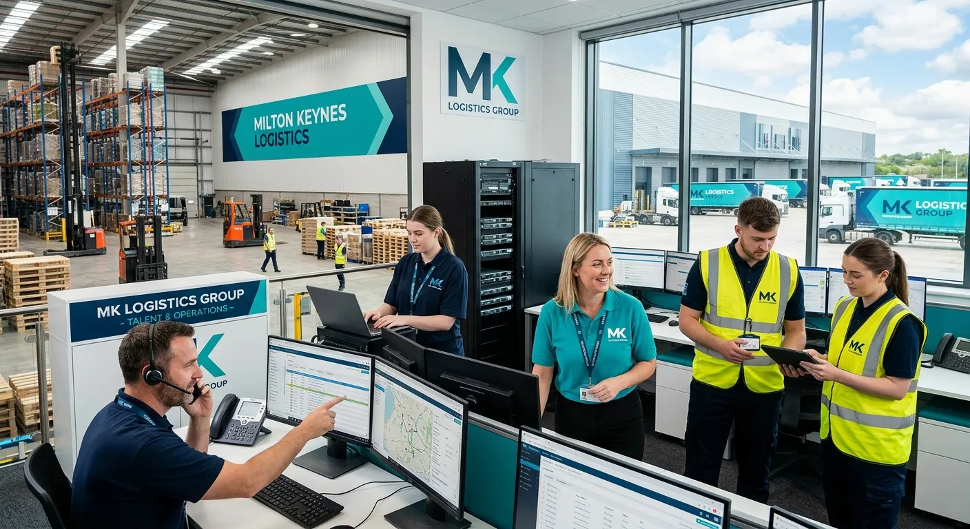 Modern logistics hub in Milton Keynes with teal and dark blue branding, professional recruiters coor... Modern logistics hub in Milton Keynes with teal and dark blue branding, professional recruiters coordinating warehouse operatives, transport planners, and IT support staff, bright high-contrast corporate photography
