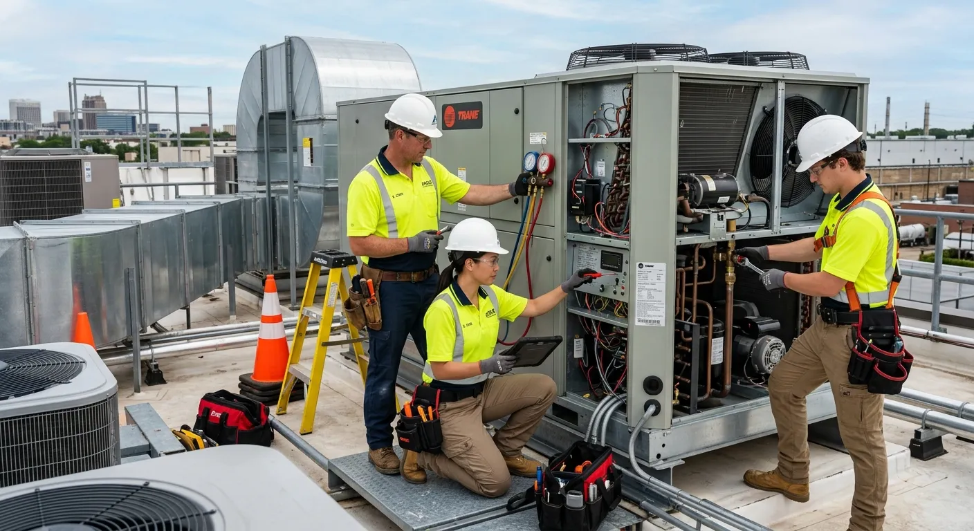 A professional, high-energy shot of skilled HVAC technicians working collaboratively on a modern commercial HVAC unit. Focus on technical detail, safety gear, and a clean, industrial environment. Style: Professional, sharp, and inspiring.