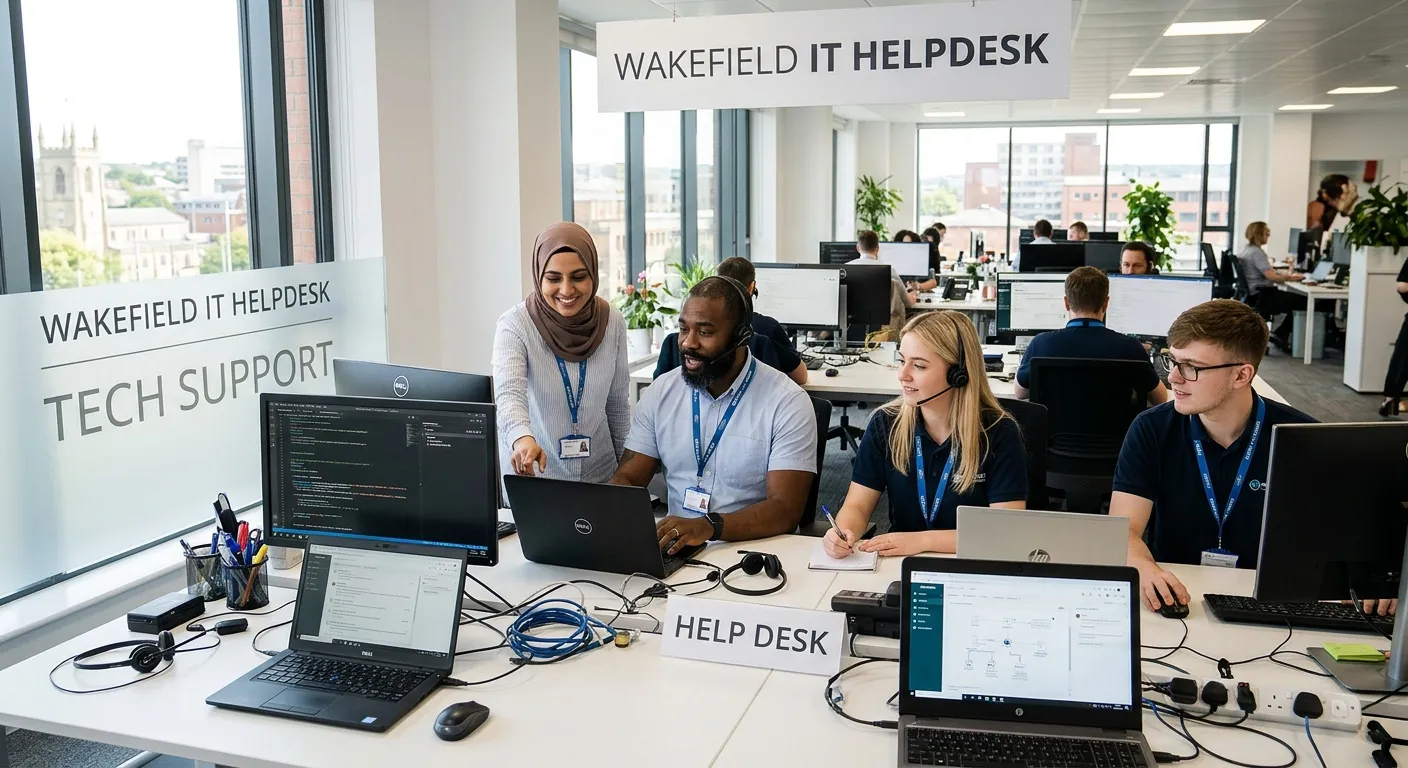 A professional, diverse group of IT support technicians in a modern office environment in Wakefield,... A professional, diverse group of IT support technicians in a modern office environment in Wakefield, collaborating at a helpdesk. Style: Bright, realistic, professional stock photo. Mood: Competent, collaborative, and tech-savvy.