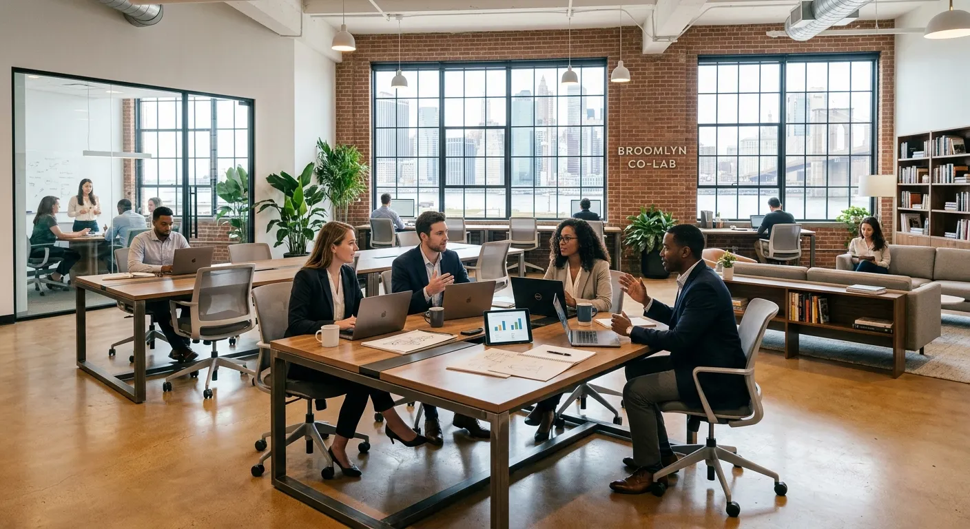 A modern, professional co-working space in Brooklyn, bright and airy with people collaborating. Focu... A modern, professional co-working space in Brooklyn, bright and airy with people collaborating. Focus on a clean, elite design aesthetic that conveys professionalism and modern work culture.