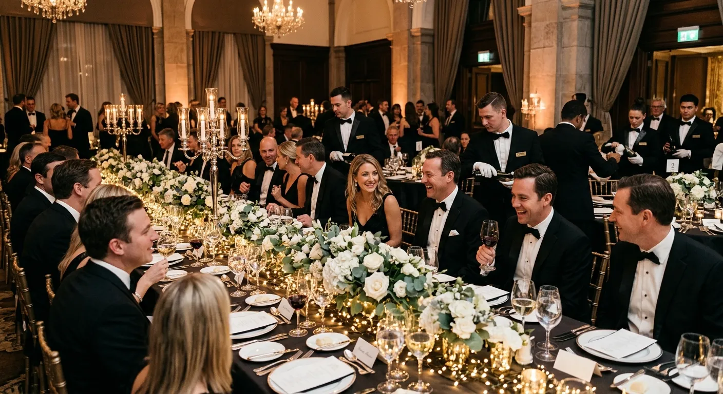 A professional, elegant gala dinner scene. A long table is beautifully set with fine china, crystal... A professional, elegant gala dinner scene. A long table is beautifully set with fine china, crystal glassware, and floral centerpieces under soft, warm lighting. Guests in formal attire are engaged in conversation, with staff in crisp uniforms serving discreetly in the background. Mood: Sophisticated, exclusive, and impeccably organized.