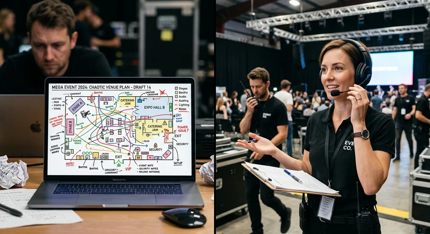A dynamic, split-screen image showing a chaotic venue plan on a laptop next to a calm, organized eve... A dynamic, split-screen image showing a chaotic venue plan on a laptop next to a calm, organized event manager on a headset coordinating a team in a new space.