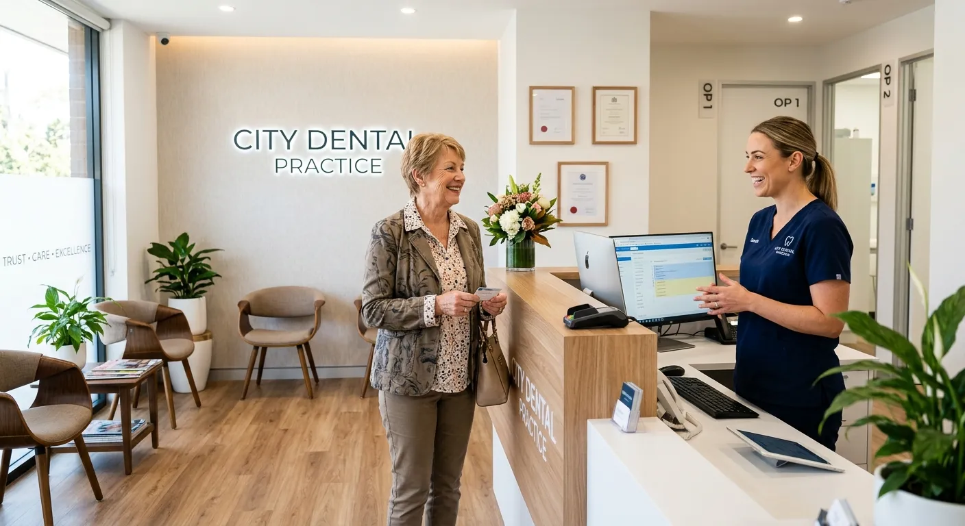 A modern, brightly lit dental clinic reception with a friendly receptionist and patient, conveying professionalism, cleanliness, and trust. Style: professional stock photo, high contrast, warm tones.