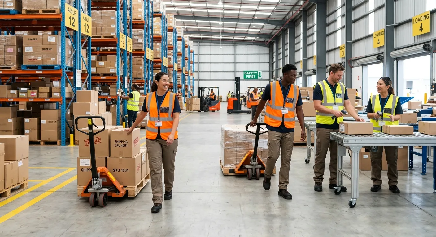 A dynamic, professional photograph of a modern, well-lit warehouse floor. In the foreground, a diverse team of temporary loader staff efficiently operates pallet jacks and sorts packages, showcasing teamwork and productivity. The image should have a bright, optimistic, and energetic mood.
