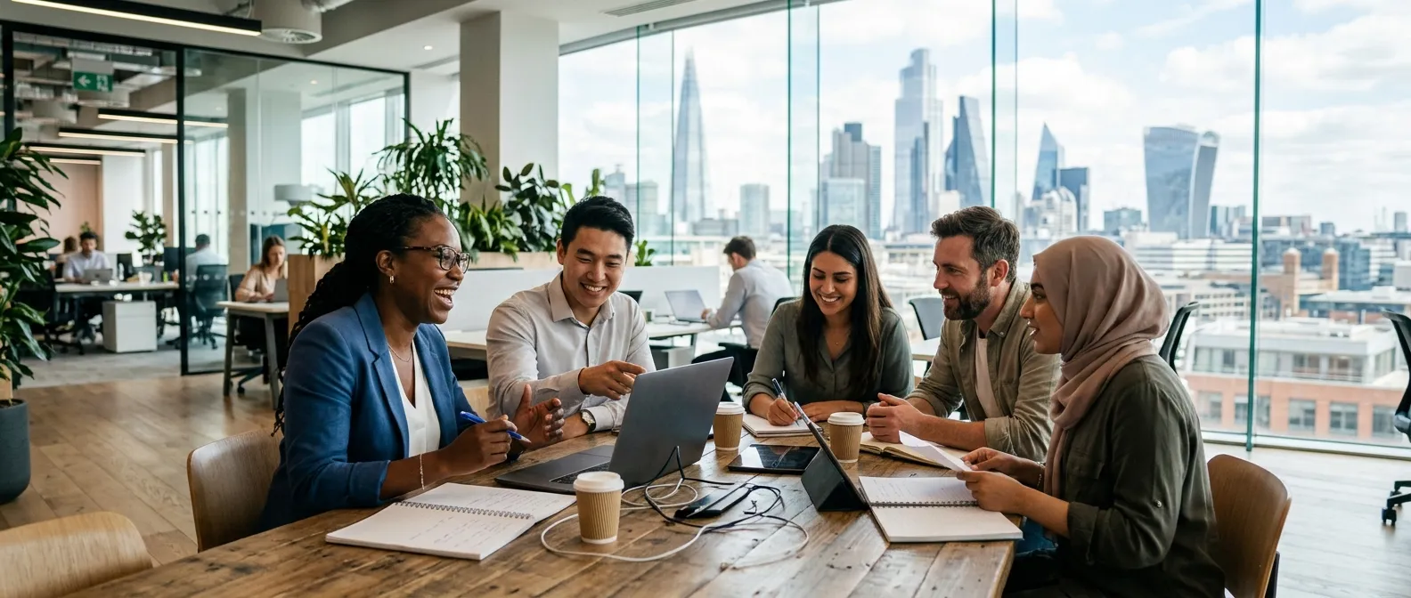 A dynamic, professional hero image showing a diverse team of temporary workers collaborating in a mo... A dynamic, professional hero image showing a diverse team of temporary workers collaborating in a modern London office setting, with iconic London skyline blurred in the background. Mood: energetic, professional, and efficient.
