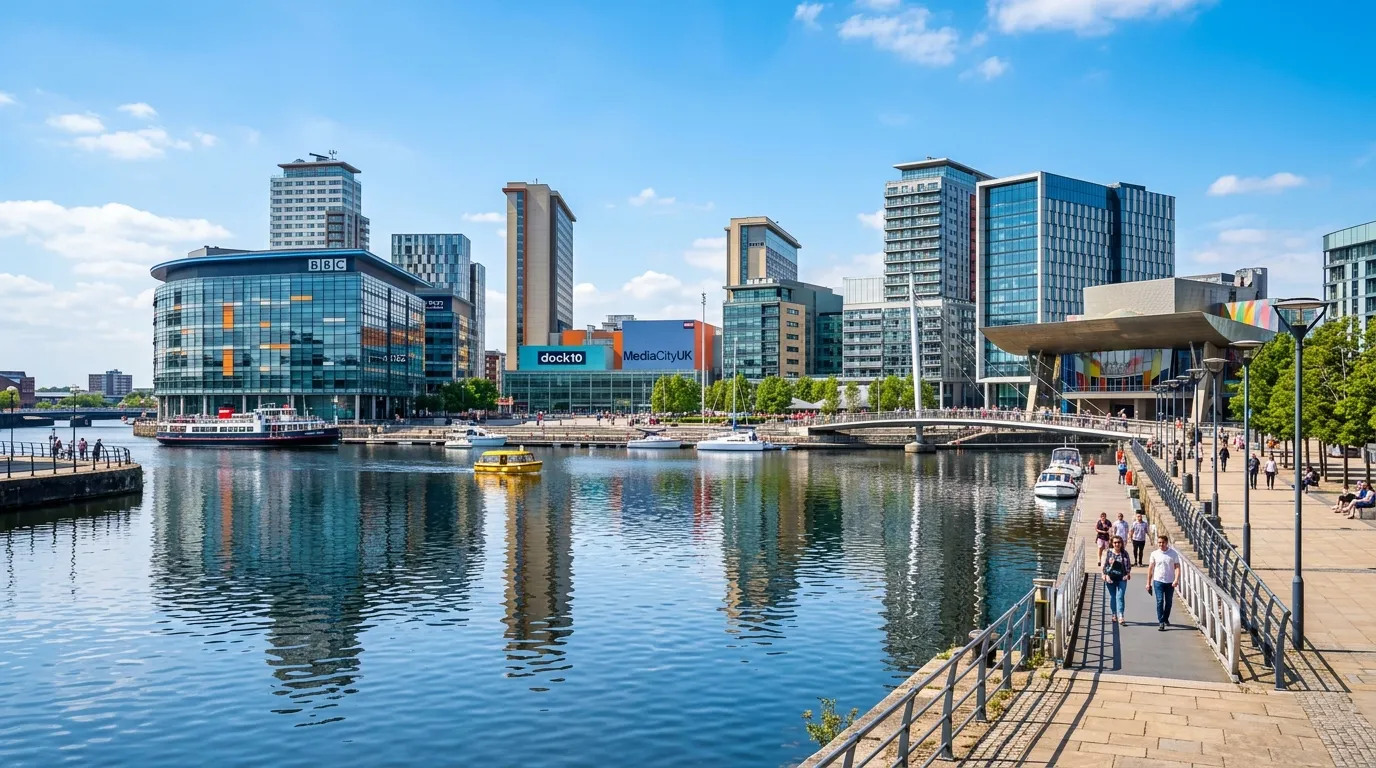 A wide-angle, vibrant photo of the Salford Quays and MediaCityUK skyline on a sunny day, with modern buildings reflected in the water, symbolising a dynamic business environment.