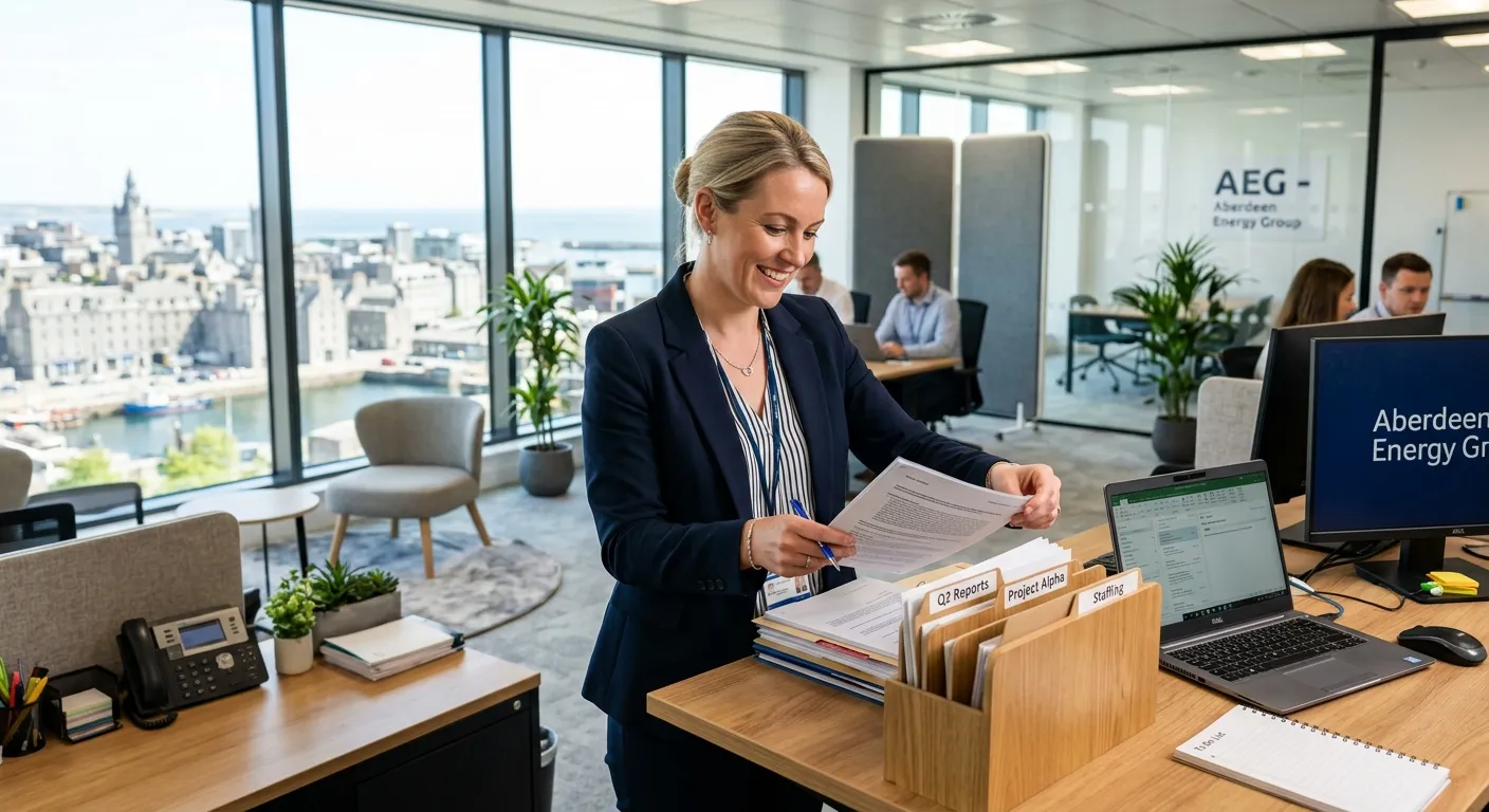 A professional, confident Office Manager in a modern Aberdeen office, smiling while organising documents. The style is bright, crisp, and professional, highlighting a productive work environment.