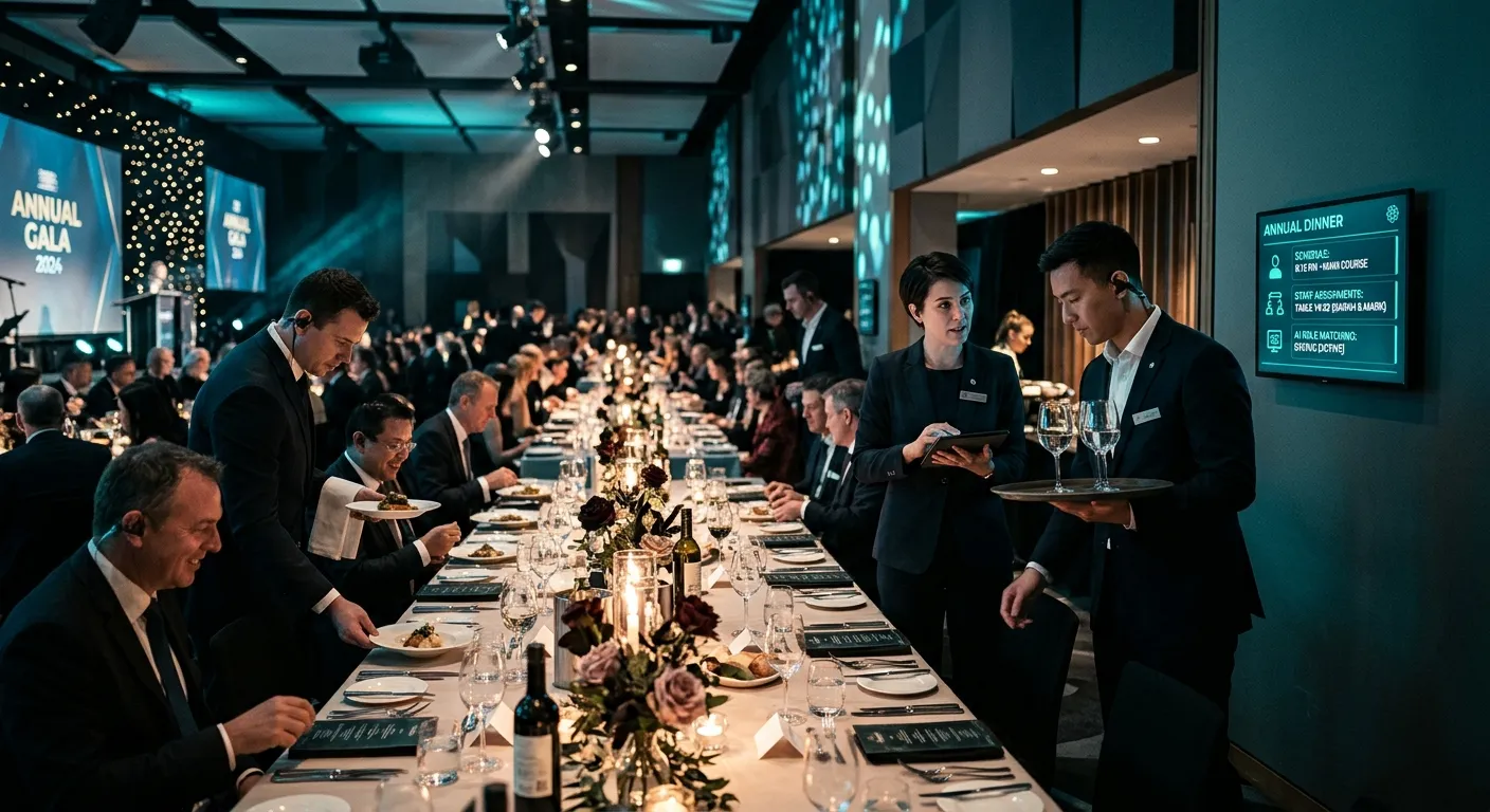 A modern, high-contrast annual dinner event scene with professional hospitality staff coordinating a... A modern, high-contrast annual dinner event scene with professional hospitality staff coordinating around a long banquet table, subtle digital dashboards showing schedules and AI role matching, teal and dark blue lighting, clean corporate event style, photorealistic and premium mood