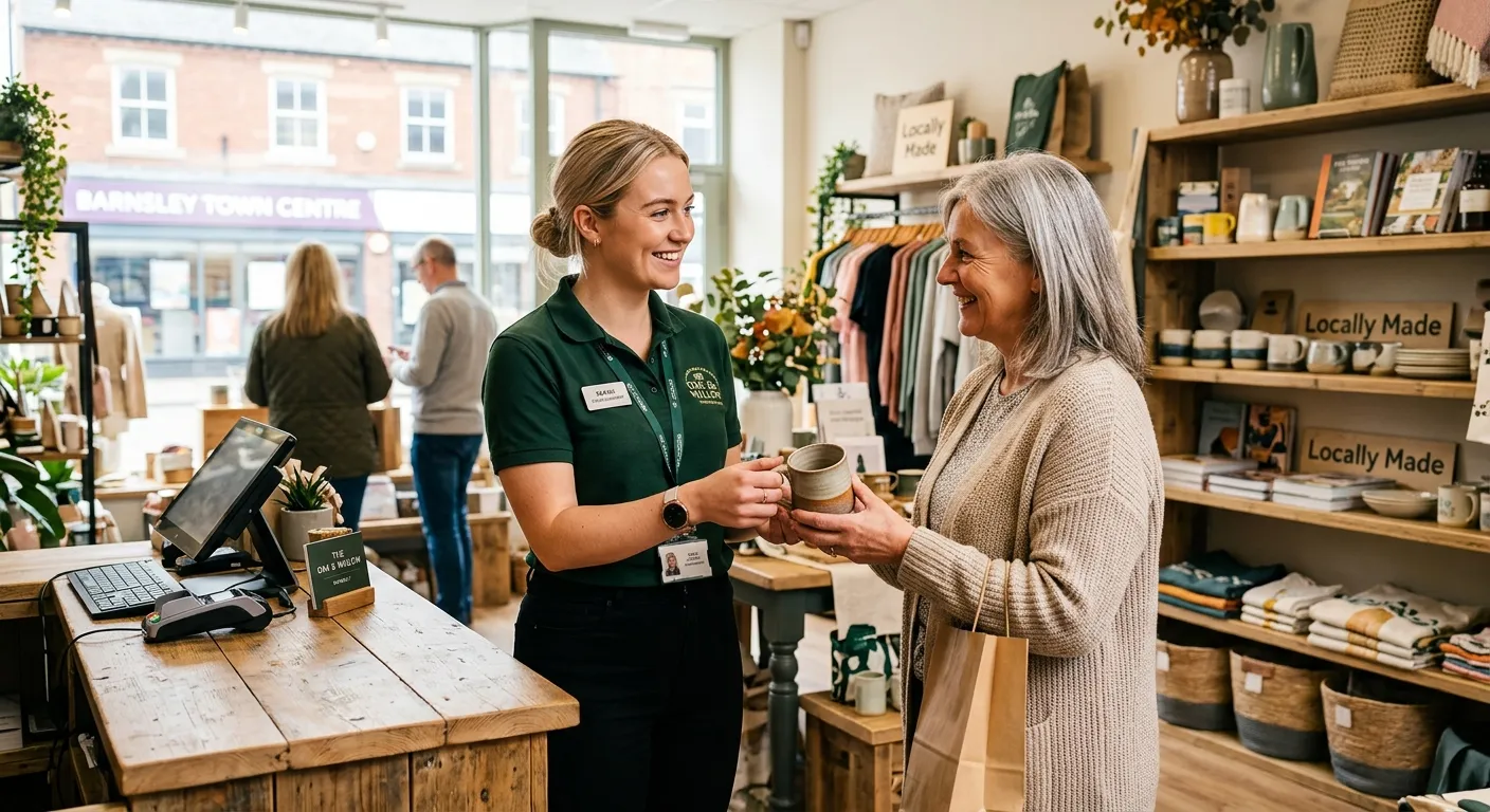 A professional, friendly Sales Assistant in a modern retail environment in Barnsley, interacting wit... A professional, friendly Sales Assistant in a modern retail environment in Barnsley, interacting with a customer. The setting should be bright, welcoming, and convey a sense of local community. Style: Professional photography, vibrant but natural colours.