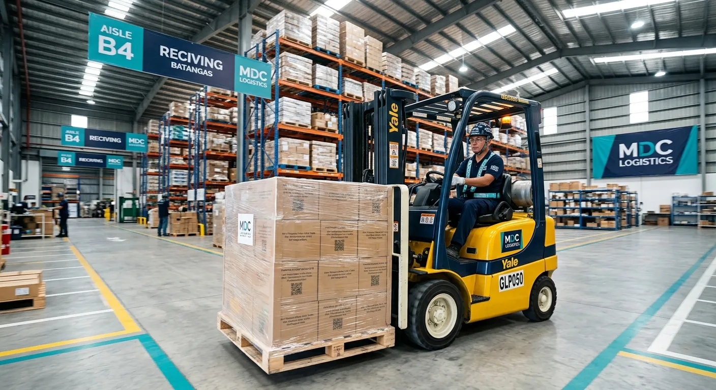 Professional industrial photograph of a certified forklift operator safely moving pallets inside a m... Professional industrial photograph of a certified forklift operator safely moving pallets inside a modern Batangas warehouse, with teal and dark navy branding accents, bright high-contrast lighting, clean logistics environment, realistic corporate style
