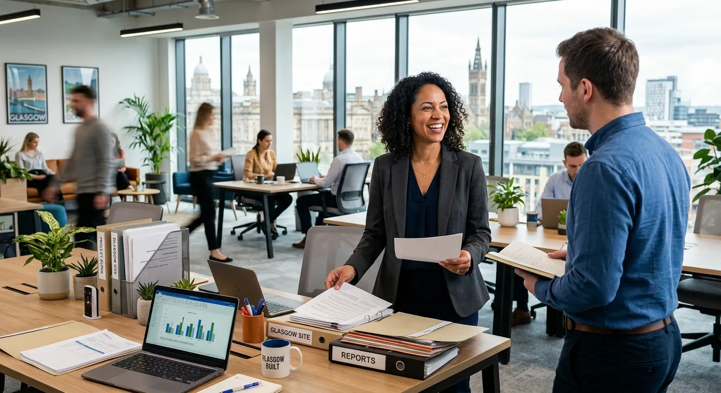 A professional, confident woman in a modern office environment in Glasgow, smiling while organising paperwork and speaking with a colleague. The image should convey efficiency, organisation, and a positive workplace atmosphere.