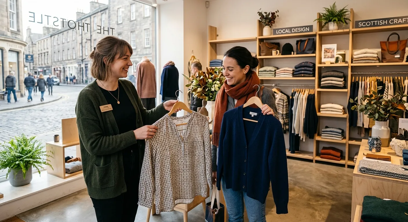A friendly Sales Assistant in a modern Edinburgh boutique, helping a customer choose between two items of clothing, with attractive shelving and natural light in the background.