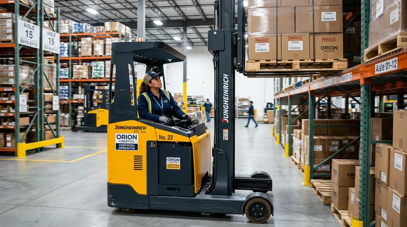 Hero image showing a professional, certified forklift driver in a modern warehouse, operating a forklift with precision. The atmosphere is clean, safe, and efficient, with a focus on the driver's skills and the organized warehouse background.