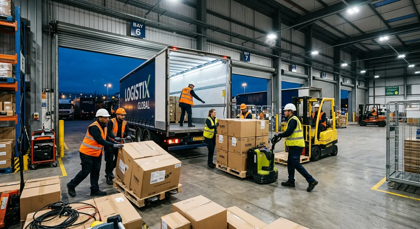 A dynamic, high-energy shot of a fully operational, modern loading bay at dusk. A diverse team of wa... A dynamic, high-energy shot of a fully operational, modern loading bay at dusk. A diverse team of warehouse operatives in high-visibility vests are efficiently loading a logistics truck under bright LED lights, conveying speed, safety, and seamless coordination.
