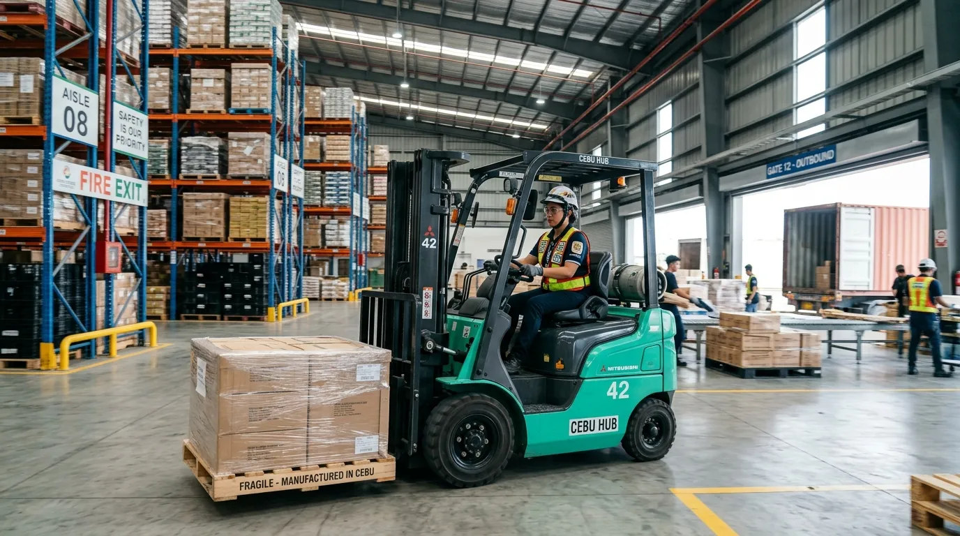 A dynamic, professional hero image showing a certified forklift operator in a modern, well-organized... A dynamic, professional hero image showing a certified forklift operator in a modern, well-organized warehouse in Cebu, safely maneuvering a pallet. The image should convey efficiency, safety, and scale, with a focus on the operator's focus and the warehouse's busy goods in and out process.