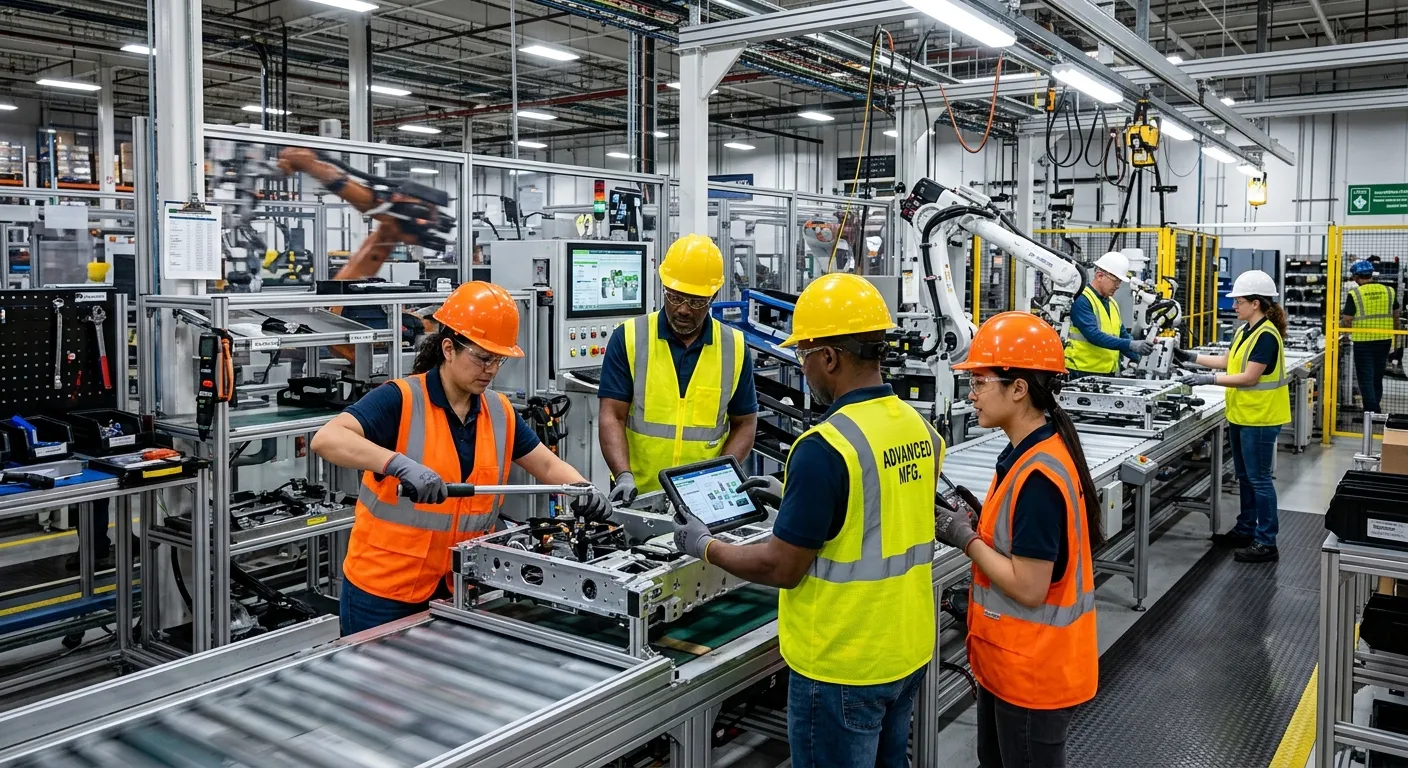 A dynamic, high-energy image of a modern manufacturing assembly line with diverse workers in high-vi... A dynamic, high-energy image of a modern manufacturing assembly line with diverse workers in high-visibility gear collaborating efficiently. The mood is professional, productive, and technologically advanced.