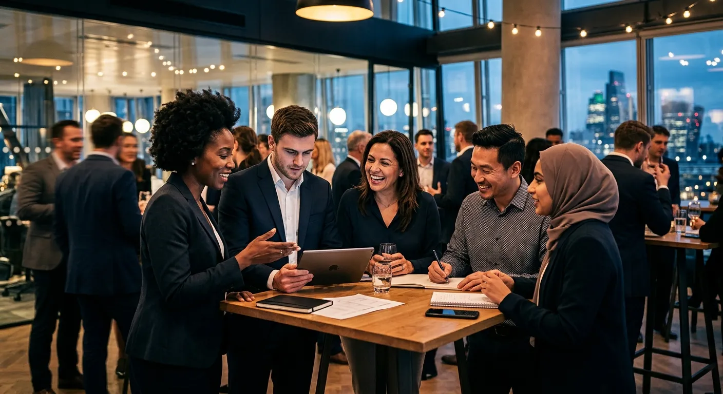 A dynamic, professional photo of a diverse group of business professionals collaborating in a modern office or at a networking event. The style should be sharp, high-contrast, with a focus on teamwork and success. Moody, professional lighting.