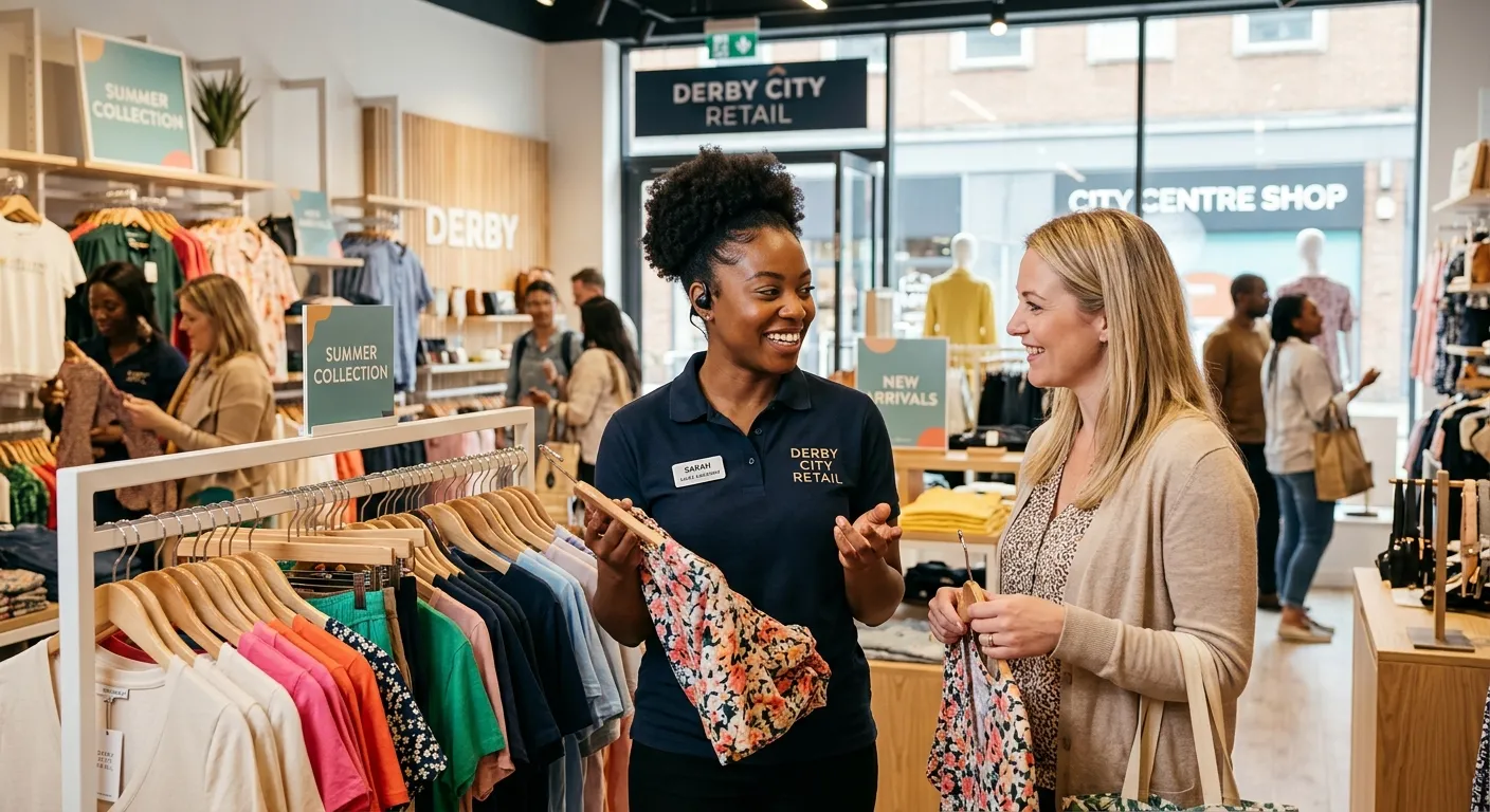 A professional, approachable Sales Assistant of diverse background engaging with a customer in a bri... A professional, approachable Sales Assistant of diverse background engaging with a customer in a bright, modern retail store in Derby. The image conveys helpfulness, communication, and a positive shopping experience. Style is vibrant, realistic, and professional.