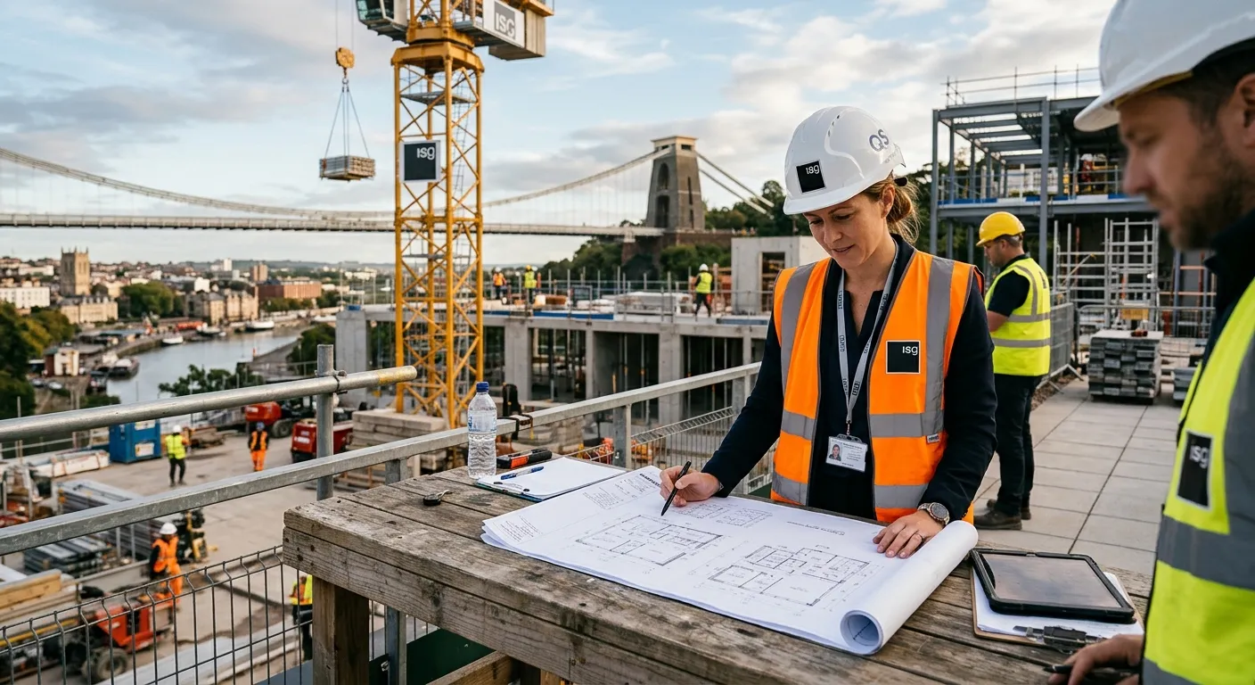 A professional, confident Quantity Surveyor in a high-vis vest reviewing construction plans on a mod... A professional, confident Quantity Surveyor in a high-vis vest reviewing construction plans on a modern building site in Bristol, with the Clifton Suspension Bridge subtly visible in the background. Style: Authentic, professional, aspirational.