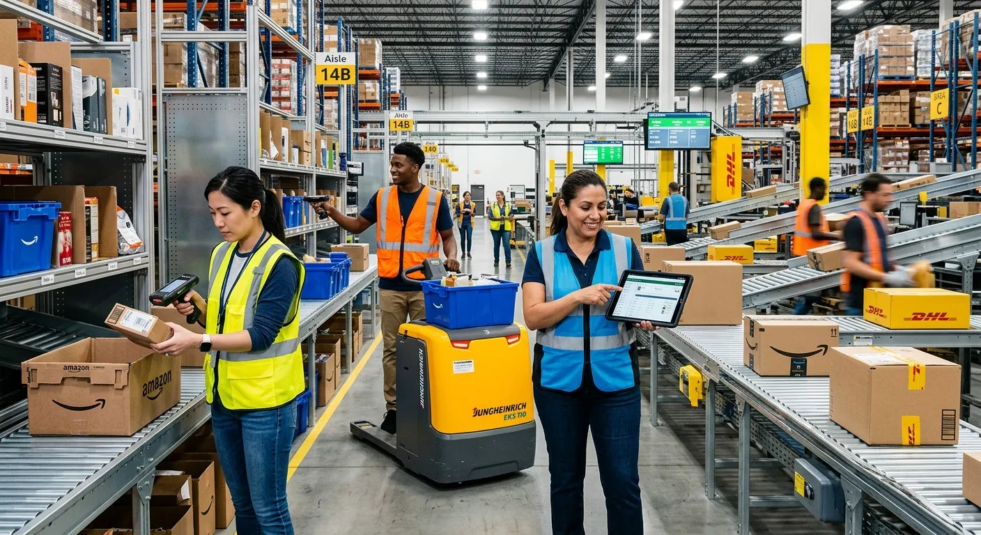 A dynamic, high-energy shot inside a modern, brightly lit fulfilment centre. A diverse team of staff... A dynamic, high-energy shot inside a modern, brightly lit fulfilment centre. A diverse team of staff in high-visibility vests are efficiently working together – one scans a barcode on a package, another operates a low-level order picker, and a team leader checks a tablet. The mood is professional, productive, and technologically advanced.
