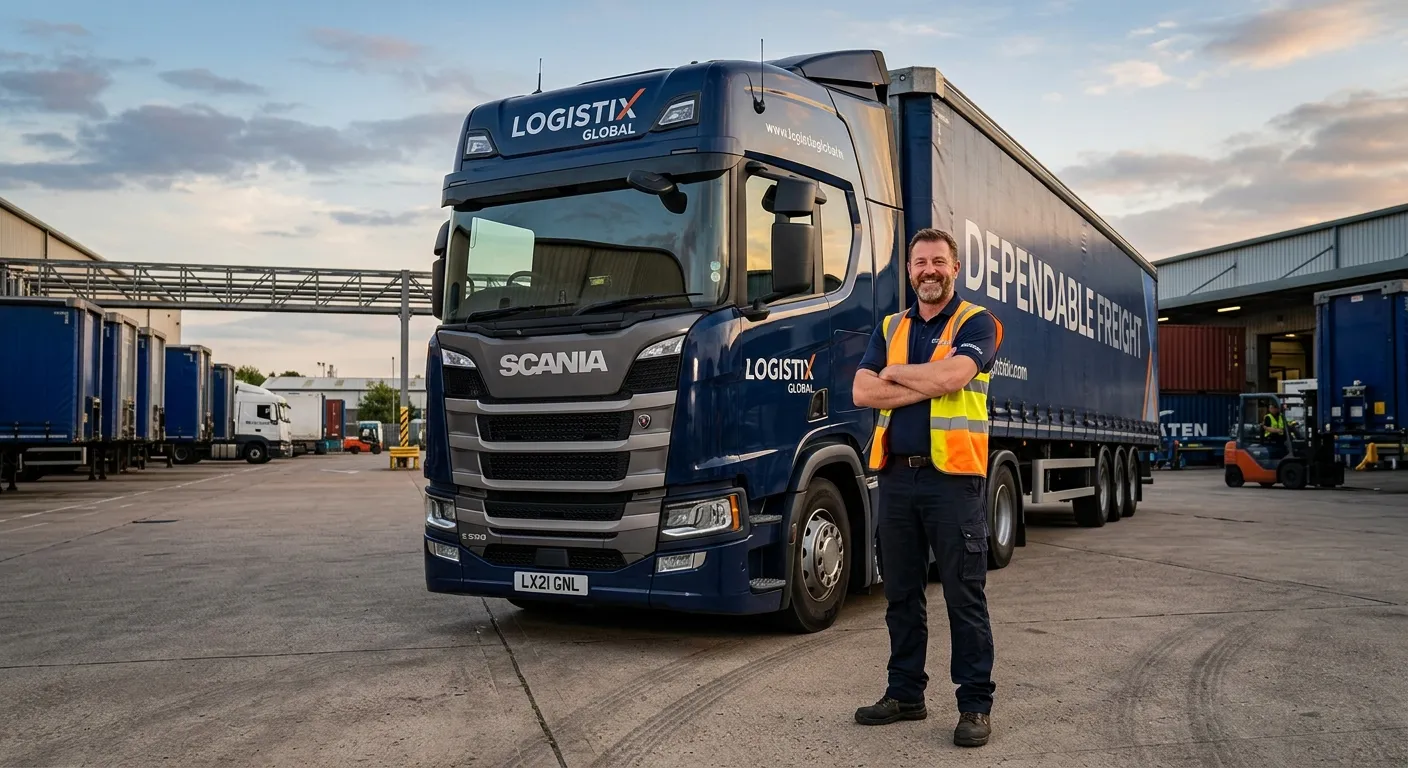 A professional HGV driver in uniform, standing proudly next to a modern articulated lorry in a logistics yard. Style: Realistic, high-quality stock photo. Mood: Confident, reliable, and industrial.