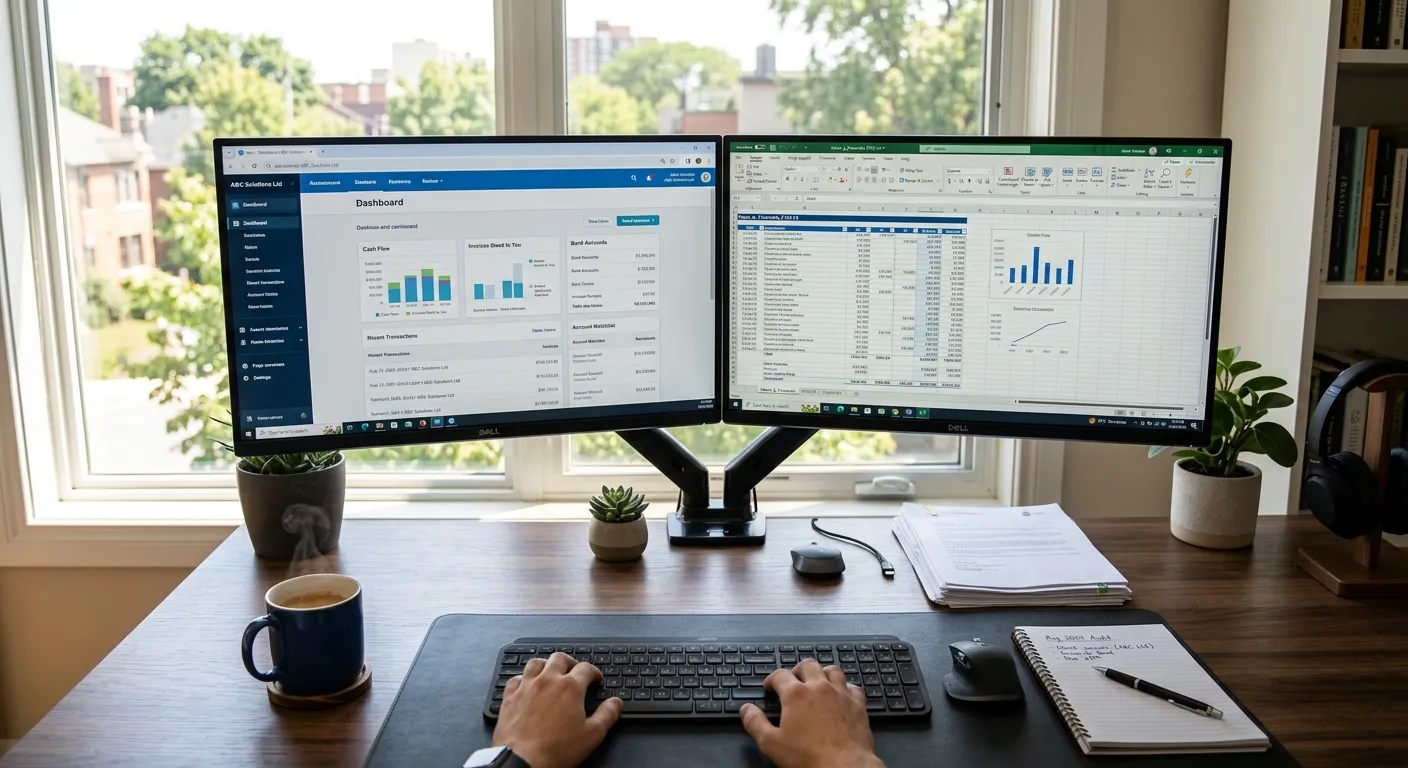 A professional, well-organized desk setup with dual monitors showing accounting software (Sage/Xero)... A professional, well-organized desk setup with dual monitors showing accounting software (Sage/Xero) and a spreadsheet, a notepad, and a cup of coffee. Natural light from a window.