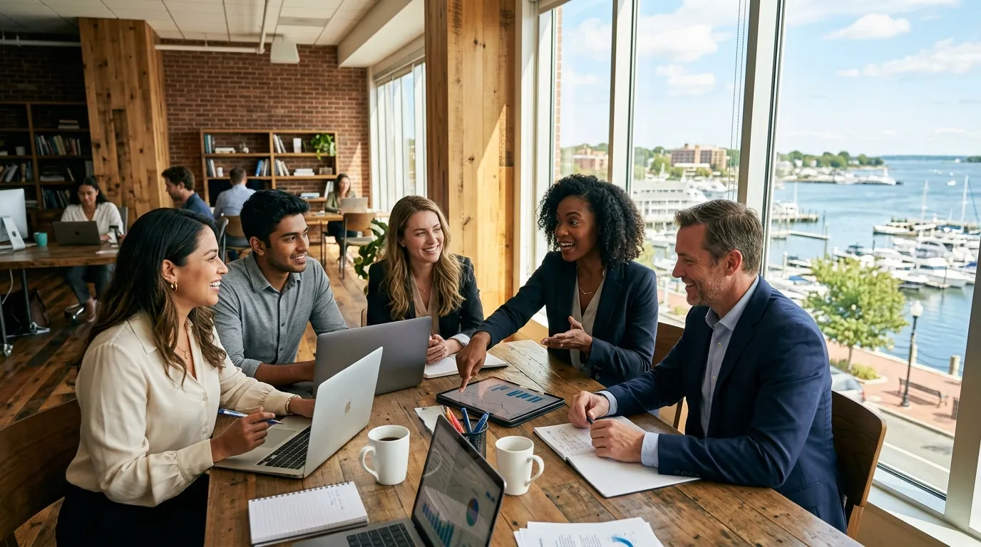 A dynamic, professional hero image showing a diverse team of business professionals collaborating in... A dynamic, professional hero image showing a diverse team of business professionals collaborating in a modern Greenwich, CT office setting, with sunlight streaming through windows. Mood: confident, efficient, and connected.