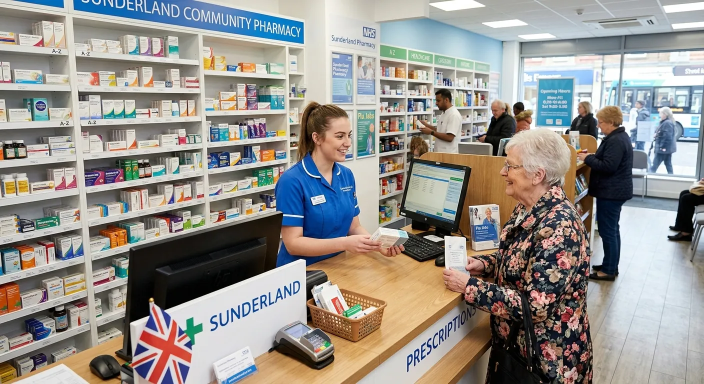 A modern, well-lit community pharmacy in Sunderland, with a friendly pharmacy assistant helping a customer at the counter. The pharmacy should appear professional, clean, and busy, with shelves of medicines visible in the background.