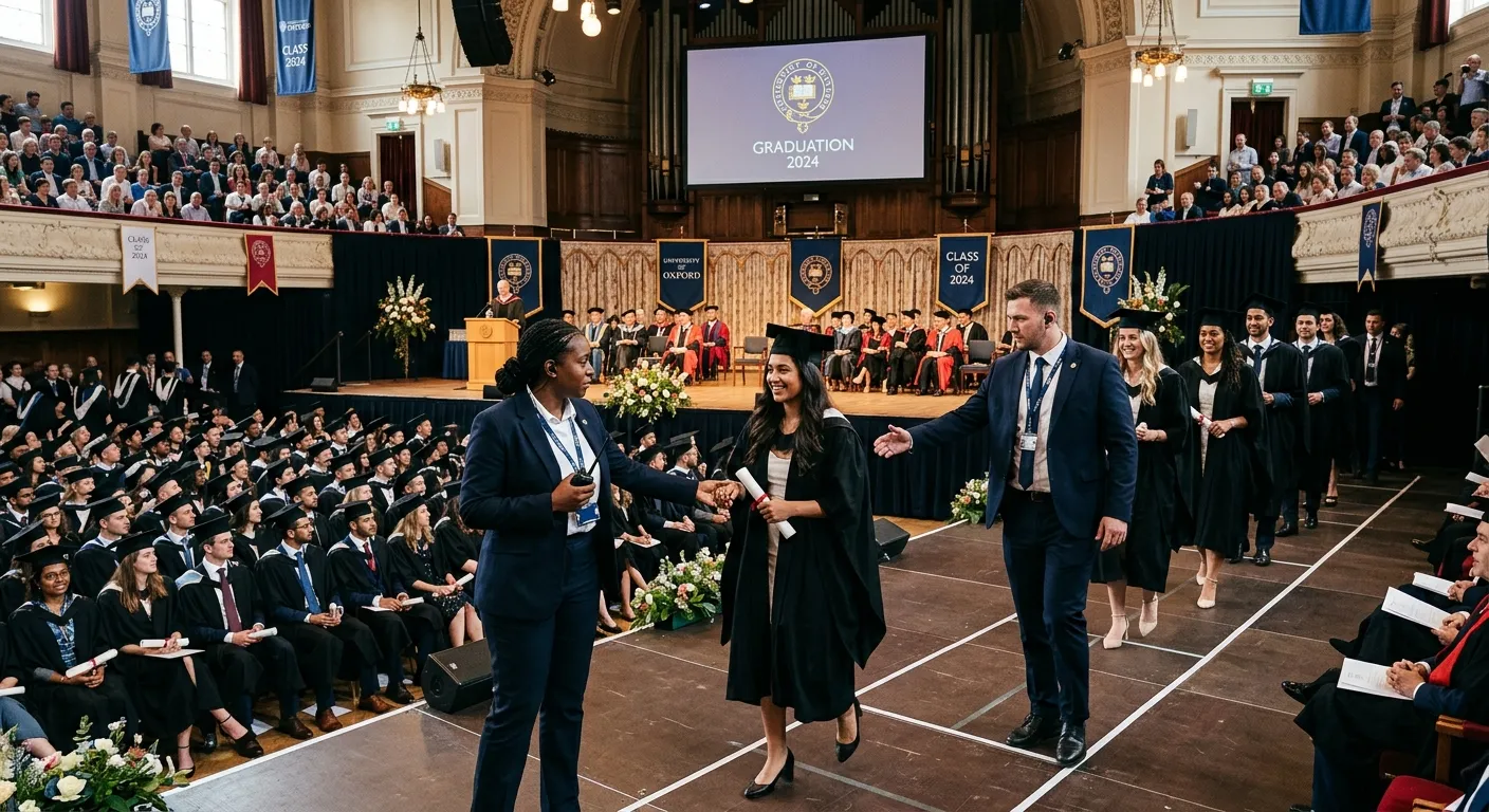A professional, high-angle shot of a perfectly organized university graduation ceremony. The focus is on the diverse, well-dressed staff in dark suits and earpieces, efficiently guiding graduates in caps and gowns across a stage. The mood is celebratory, organized, and prestigious.