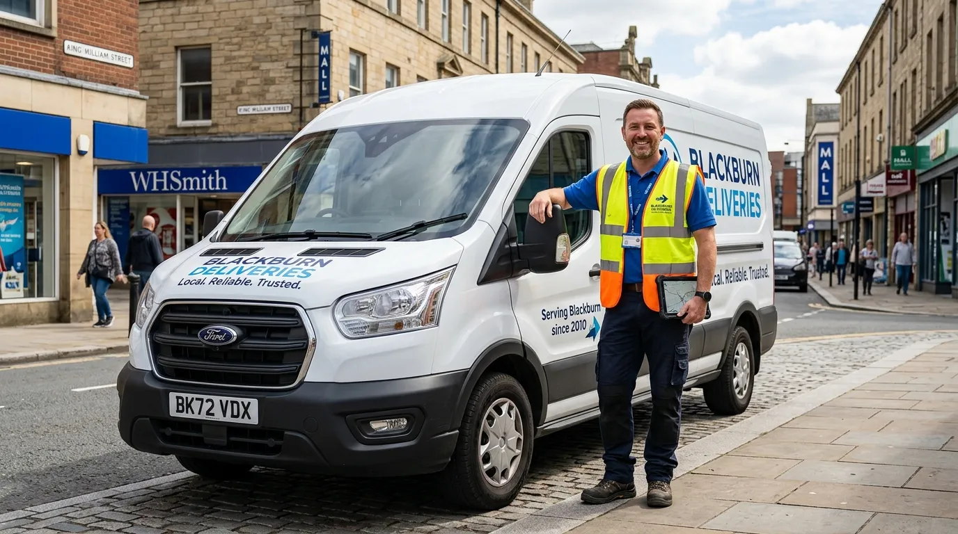 Professional hero image of a confident van driver in high-visibility vest, smiling next to a clean, modern delivery van on a street in Blackburn. Style should be bright, realistic, and convey trustworthiness and action.