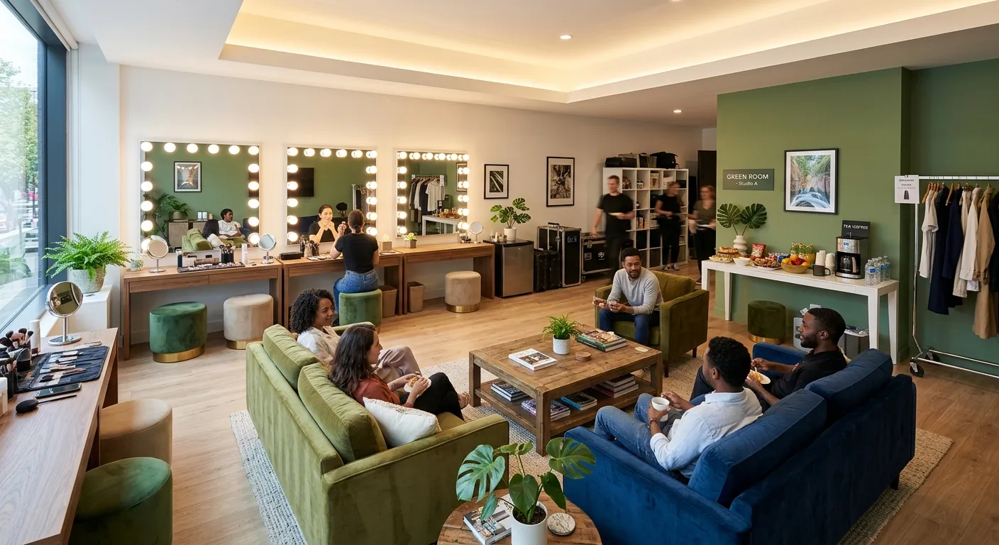 A modern, spacious, and well-lit green room interior with comfortable seating, vanity mirrors with b... A modern, spacious, and well-lit green room interior with comfortable seating, vanity mirrors with bright lights, refreshment tables, and a professional but relaxed atmosphere, highlighting organization and comfort.