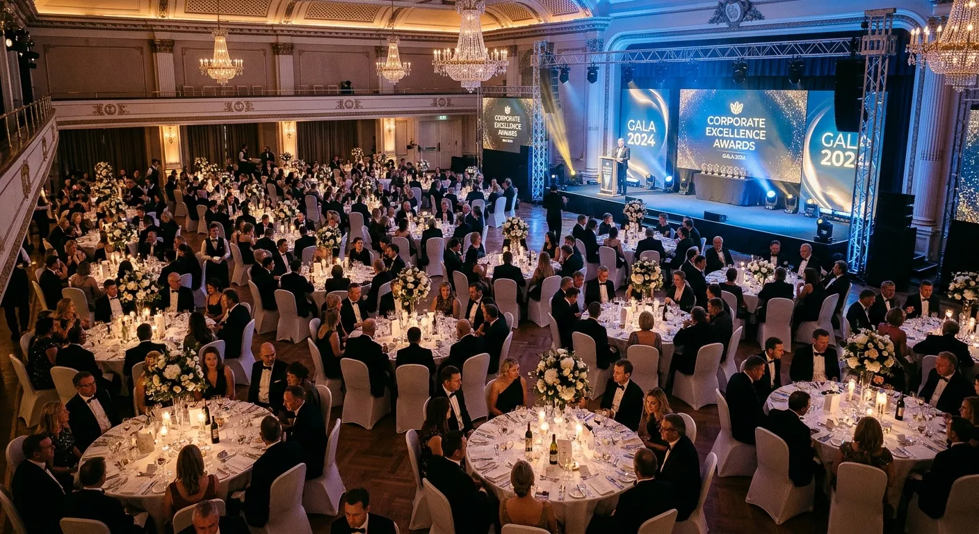 A stunning, high-angle shot of a grand gala dinner event. Elegantly dressed guests sit at round tabl... A stunning, high-angle shot of a grand gala dinner event. Elegantly dressed guests sit at round tables with white linen, crystal glassware, and floral centerpieces. A stage with soft blue and gold lighting is in the background, suggesting a corporate awards ceremony. The mood is sophisticated, exclusive, and celebratory.