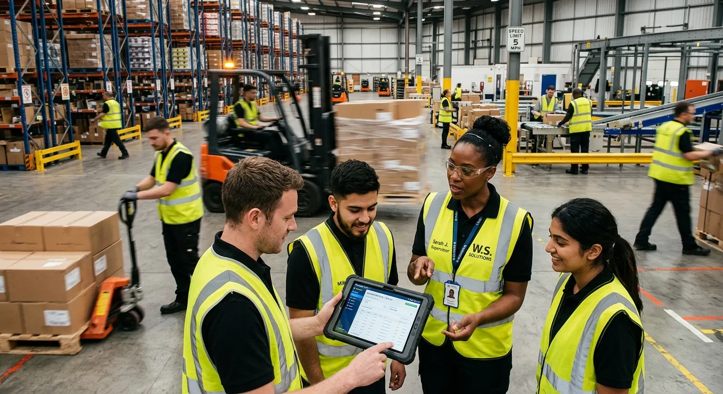 A dynamic, high-energy photo of a modern industrial warehouse floor bustling with activity. A divers... A dynamic, high-energy photo of a modern industrial warehouse floor bustling with activity. A diverse team of warehouse operatives and a supervisor are coordinating over a tablet, symbolizing fast, efficient staffing solutions. Professional, crisp, and action-oriented mood.