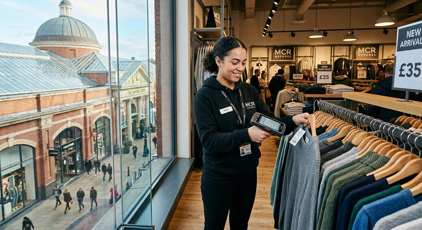 A retail sales assistant in a modern clothing store, using a handheld scanner to check stock levels on a rack, with the Trafford Centre's distinctive architecture visible through the store window.