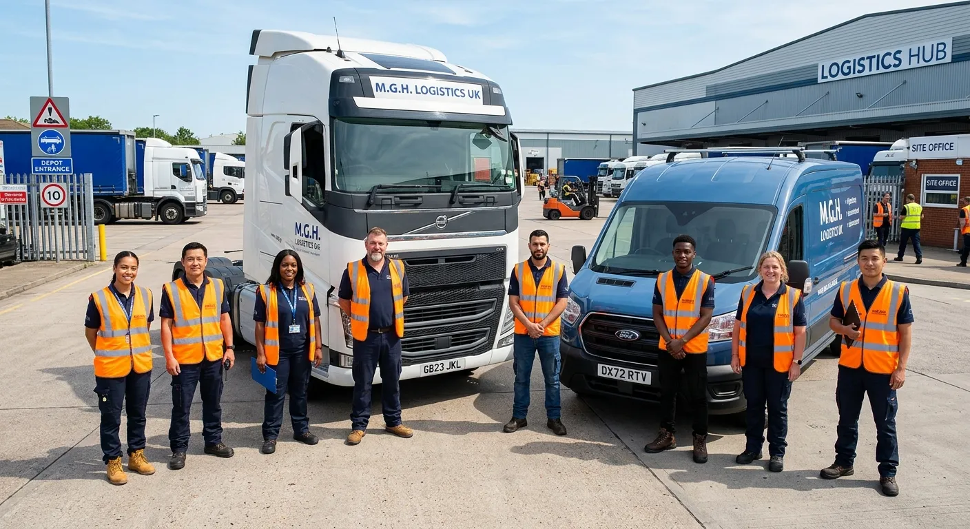 A professional, diverse team of HGV and van drivers in high-visibility vests, standing confidently beside modern commercial vehicles in a UK depot, bright and clear daytime shot
