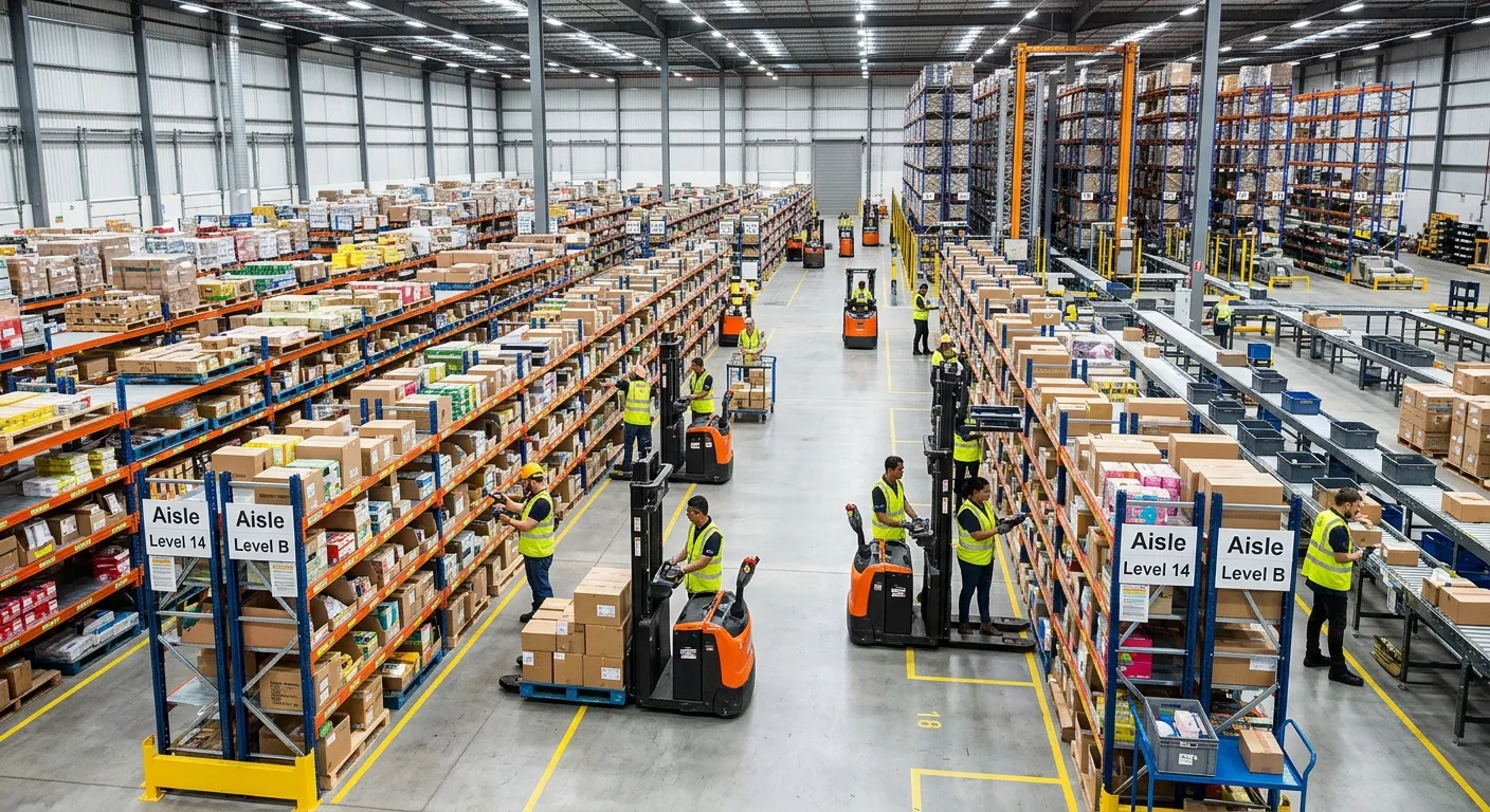 A dynamic, high-angle shot of a modern, well-organized distribution centre warehouse floor. Team associates in high-visibility vests are efficiently operating in a coordinated manner, some scanning barcodes, others operating low-level order pickers, with clear aisles of racking in the background. The image should convey scale, technology, and teamwork.
